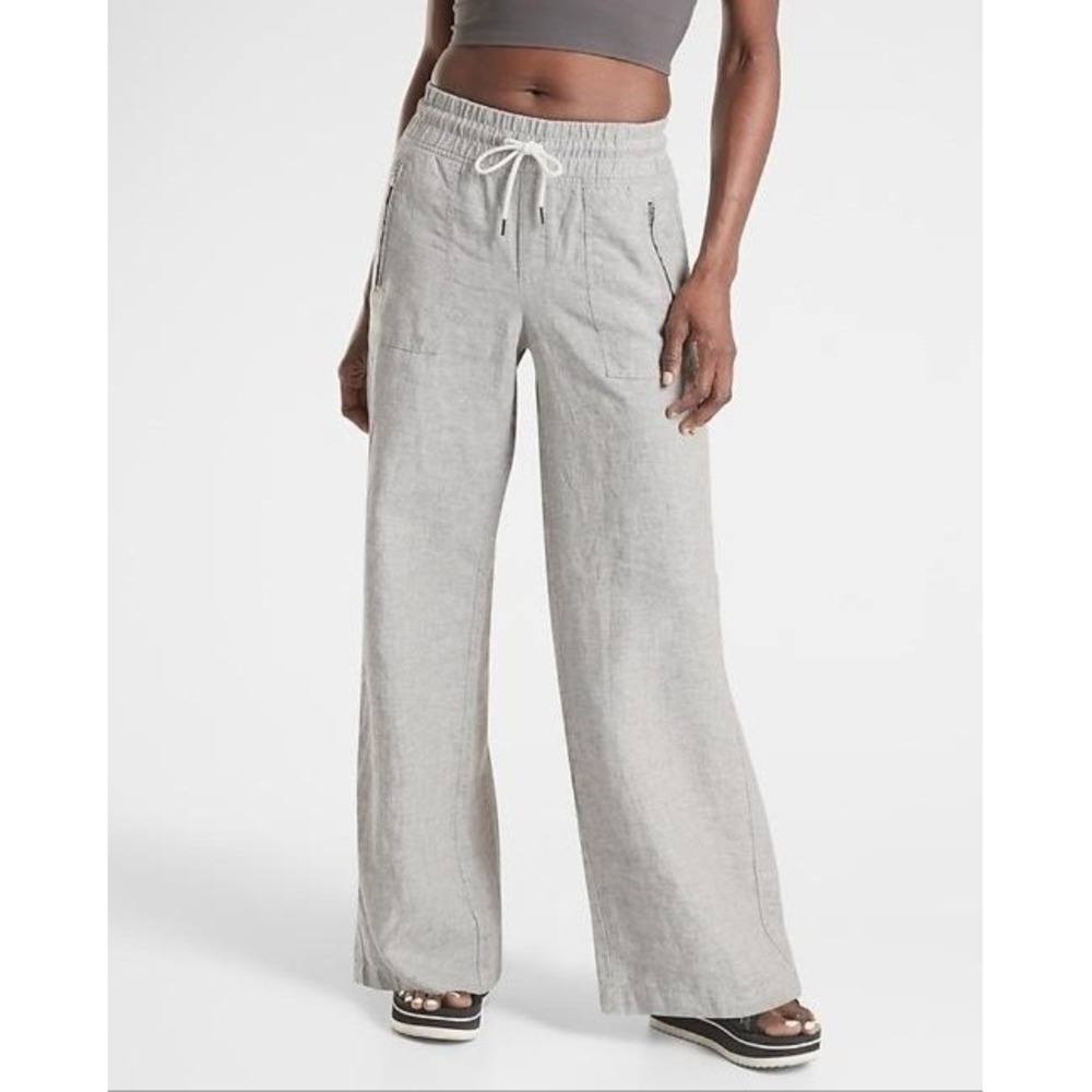 Athleta Pants Womens 1X Beige Linen Elastic Waist Pull On‎ Slit Leg Relaxed